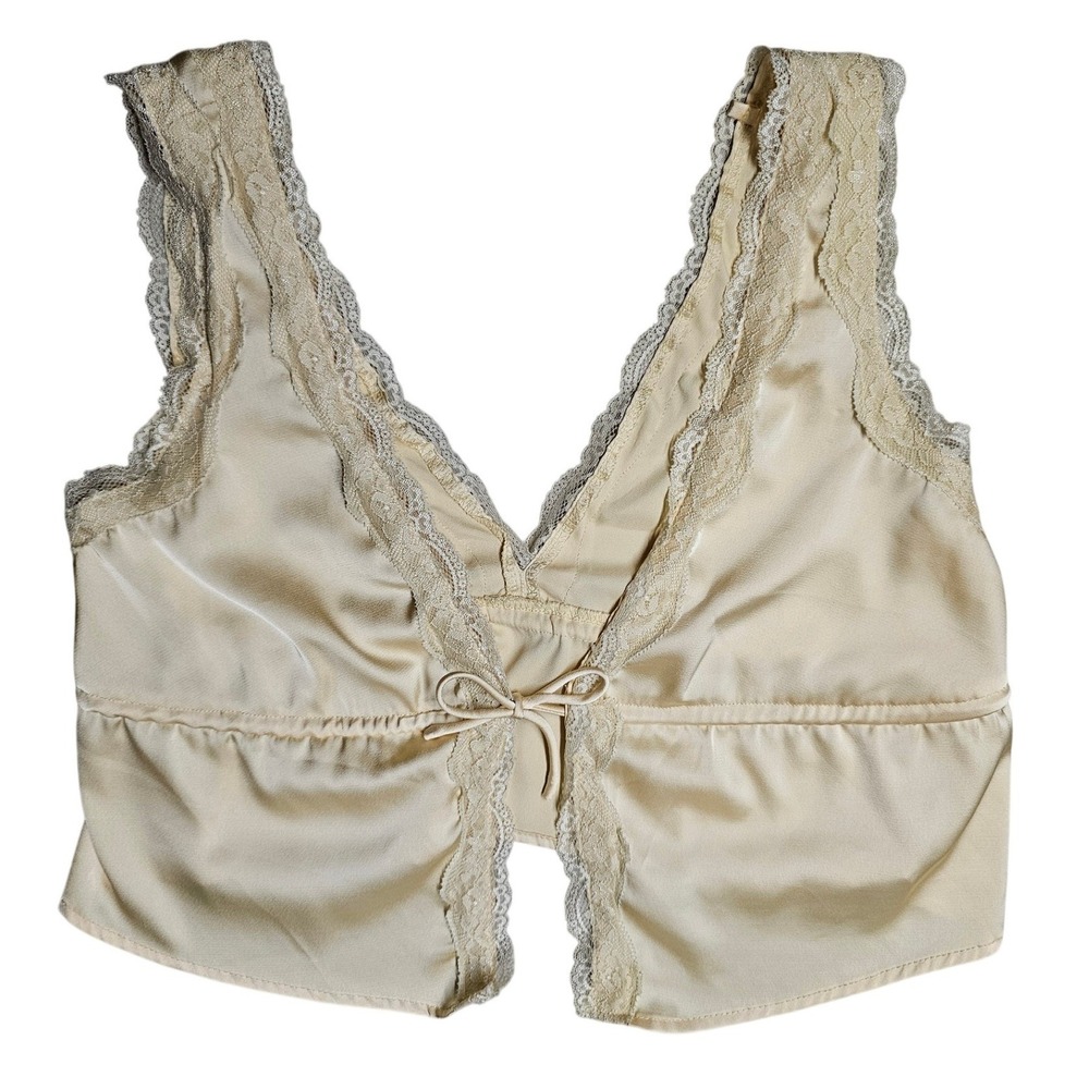 Champagne Satin Lace Trim V-Neck Tie Front Camisole Top XS